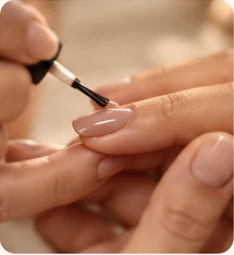 A brush applying nude gel polish to a fingernail