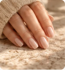 Glossy nude manicure resting on a warm stone surface