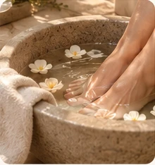 Feet soaking in a stone pedicure basin with flowers